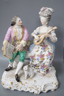 A 19th century Samson of Paris porcelain figure group of a lady playing a mandolin to her teacher 22cm